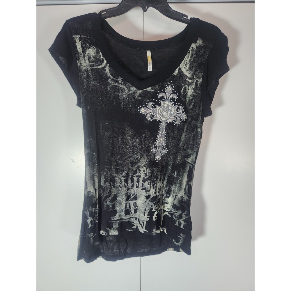 Ocasion Affliction Cross Tee Gothic Y2K Angel Wings V Neck Top Medium Black